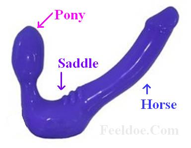 The driving partner inserts the pony and snuggles into the saddle and uses the horse end to satisfy her mate.